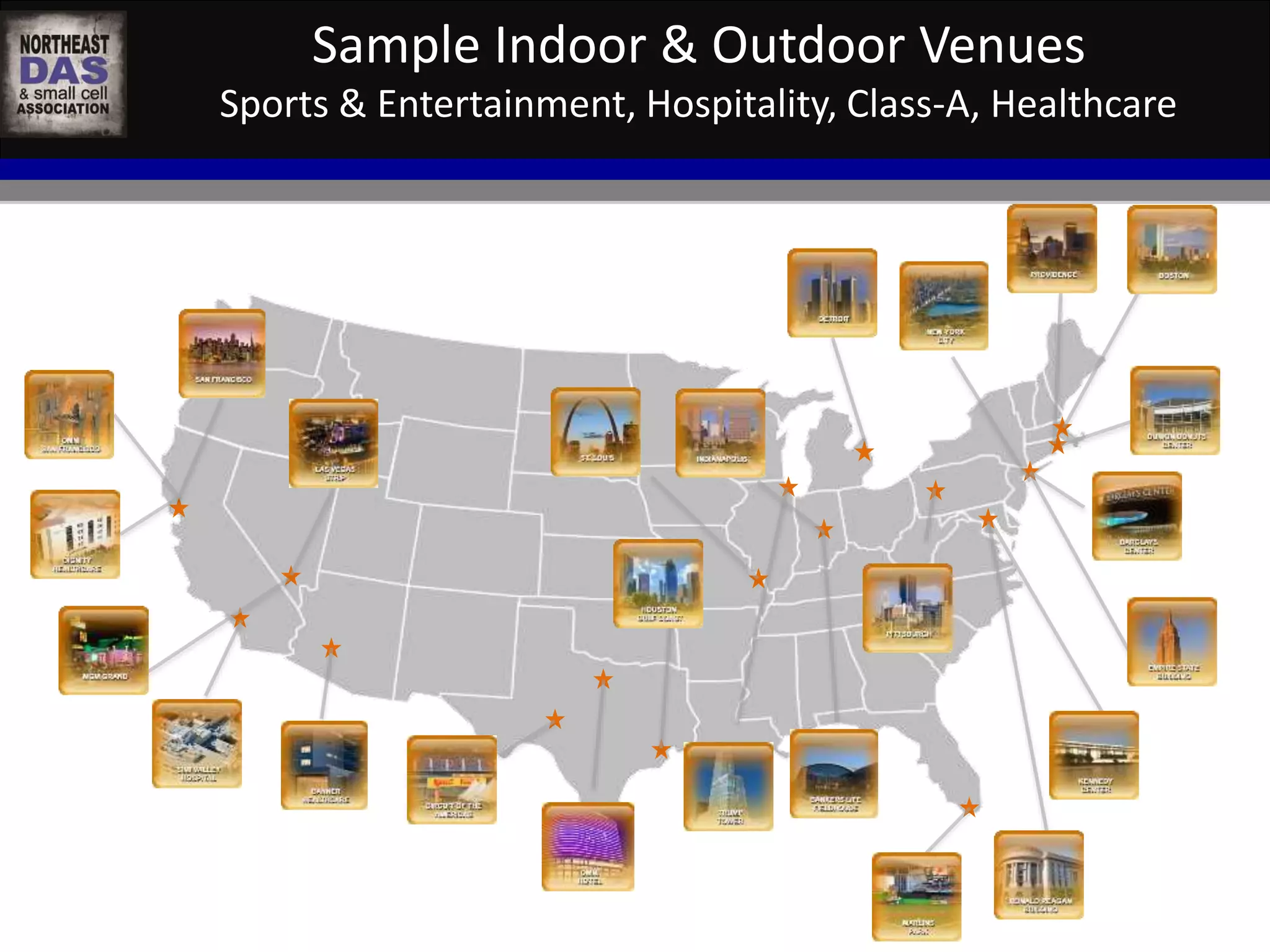 Sample Indoor & Outdoor Venues 
Sports & Entertainment, Hospitality, Class-A, Healthcare 
 