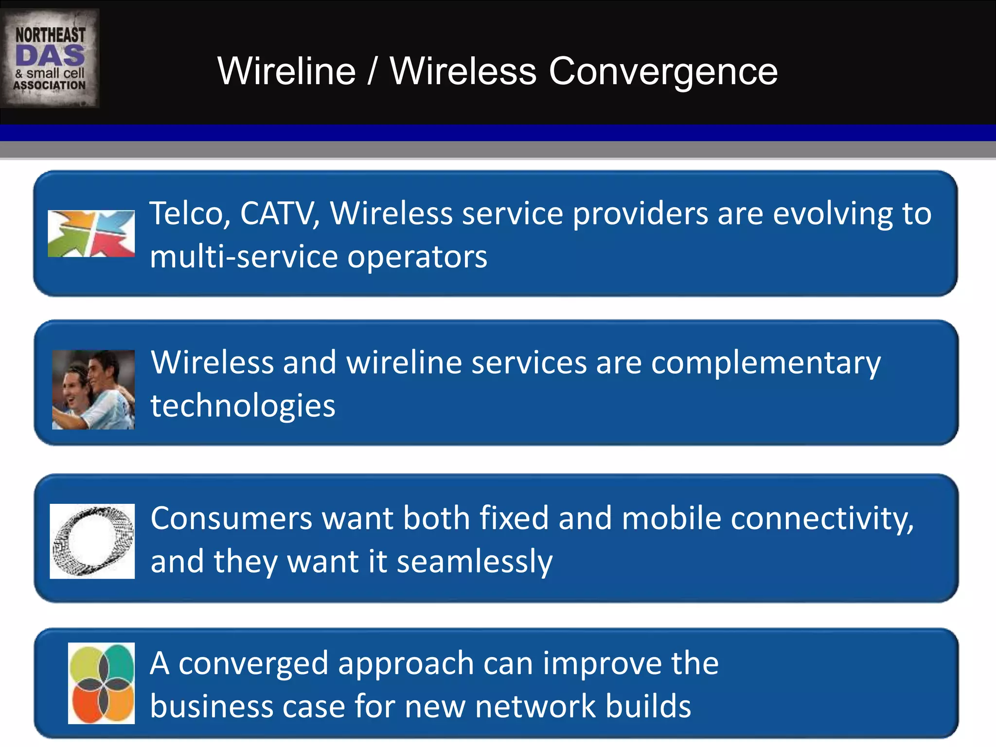 Wireline / Wireless Convergence 
Telco, CATV, Wireless service providers are evolving to 
multi-service operators 
Wireless and wireline services are complementary 
technologies 
Consumers want both fixed and mobile connectivity, 
and they want it seamlessly 
A converged approach can improve the 
business case for new network builds 
 