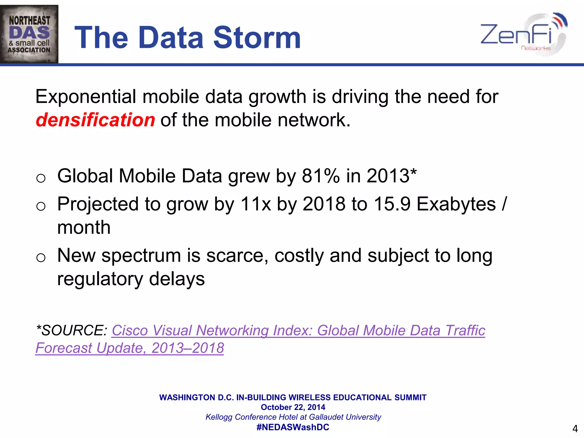 The Data Storm 
Exponential mobile data growth is driving the need for 
densification of the mobile network. 
o Global Mobile Data grew by 81% in 2013* 
o Projected to grow by 11x by 2018 to 15.9 Exabytes / 
WASHINGTON D.C. IN-BUILDING WIRELESS EDUCATIONAL SUMMIT 
October 22, 2014 
Kellogg Conference Hotel at Gallaudet University 
#NEDASWashDC 
month 
o New spectrum is scarce, costly and subject to long 
regulatory delays 
*SOURCE: Cisco Visual Networking Index: Global Mobile Data Traffic 
Forecast Update, 2013–2018 
4 
 