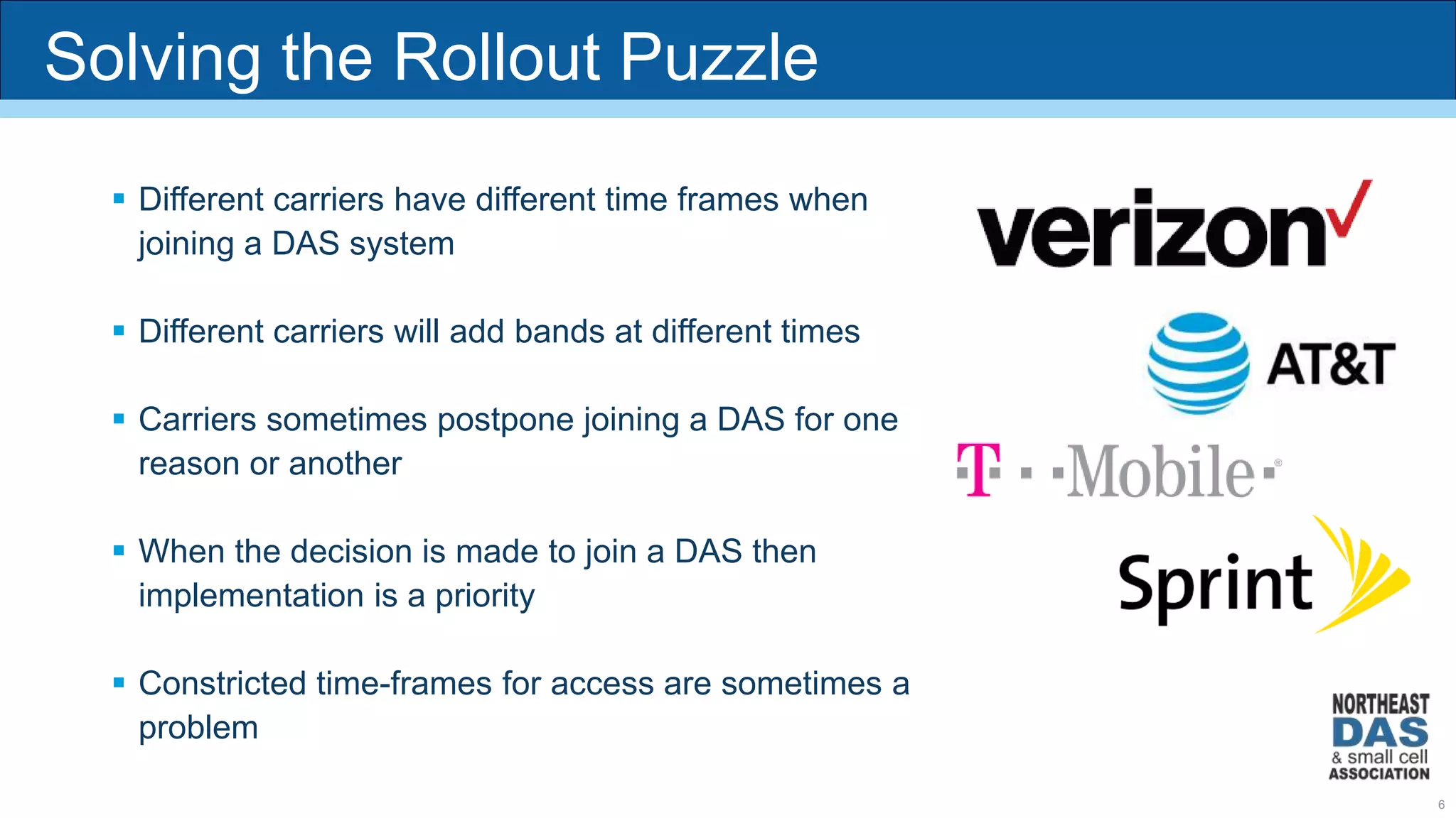 Solving the Rollout Puzzle
 Different carriers have different time frames when
joining a DAS system
 Different carriers will add bands at different times
 Carriers sometimes postpone joining a DAS for one
reason or another
 When the decision is made to join a DAS then
implementation is a priority
 Constricted time-frames for access are sometimes a
problem
6
 