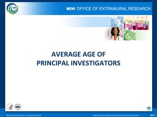 AVERAGE AGE OF 
                                        PRINCIPAL INVESTIGATORS




NIH Extramural Data Book – last update May 2008        Data provided by Division of Information Services, Reporting Branch   AA 1
 