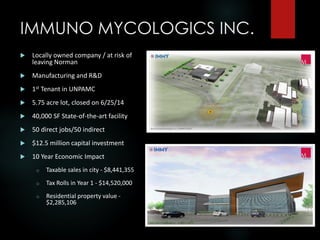 IMMUNO MYCOLOGICS INC.
 Locally owned company / at risk of
leaving Norman
 Manufacturing and R&D
 1st Tenant in UNPAMC
 5.75 acre lot, closed on 6/25/14
 40,000 SF State-of-the-art facility
 50 direct jobs/50 indirect
 $12.5 million capital investment
 10 Year Economic Impact
o Taxable sales in city - $8,441,355
o Tax Rolls in Year 1 - $14,520,000
o Residential property value -
$2,285,106
 