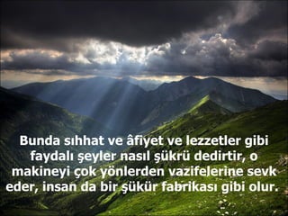 Bunda sıhhat ve âfiyet ve lezzetler gibi faydalı şeyler nasıl şükrü dedirtir, o makineyi çok yönlerden vazifelerine sevk eder, insan da bir şükür fabrikası gibi olur.  