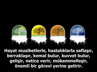 Hayat musibetlerle, hastalıklarla saflaşır, berraklaşır, kemal bulur, kuvvet bulur, gelişir, netice verir, mükemmelleşir, önemli bir görevi yerine getirir. 