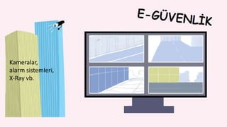 Kameralar,
alarm sistemleri,
X-Ray vb.
 