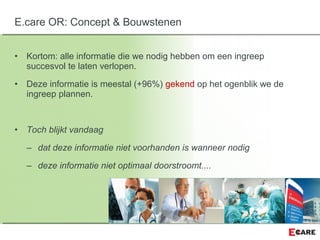 • Kortom: alle informatie die we nodig hebben om een ingreep
succesvol te laten verlopen.
• Deze informatie is meestal (+96%) gekend op het ogenblik we de
ingreep plannen.
• Toch blijkt vandaag
– dat deze informatie niet voorhanden is wanneer nodig
– deze informatie niet optimaal doorstroomt....
E.care OR: Concept & Bouwstenen
 