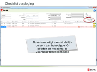 Bovenaan krijgt u onmiddellijk
de som van benodigde IC-
bedden en het aantal te
voorziene bloedeenheden
Checklist verpleging
 