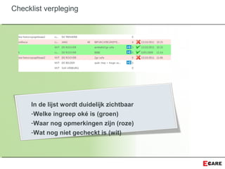 In de lijst wordt duidelijk zichtbaar
-Welke ingreep oké is (groen)
-Waar nog opmerkingen zijn (roze)
-Wat nog niet gecheckt is (wit)
Checklist verpleging
 