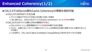 Enhanced Coherency(1/2)
⚫ CXL3.0ではDevice側もCache Coherencyの情報を保持可能
⚫ CXL2.0ではCPUがこれを主導
⚫ デバイス側はアクセスする前にCPU側にお伺いが基本
⇒ 言い換えると...