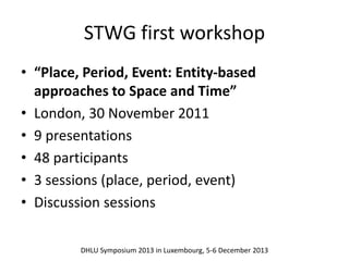 STWG first workshop 
• “Place, Period, Event: Entity-based 
approaches to Space and Time” 
• London, 30 November 2011 
• 9 presentations 
• 48 participants 
• 3 sessions (place, period, event) 
• Discussion sessions 
DHLU Symposium 2013 in Luxembourg, 5-6 December 2013 
 