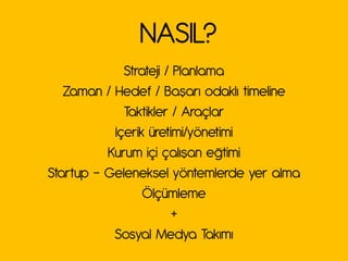 NASIL?
             Strateji / Planlama
   Z|m|n / Ge}ef / B|ş|rı o}|klı timeline
             Taktikler / Araçlar
           İçerik üretimi/yönetimi
          Kurum içi ç|lış|n eštimi
Startup – Geleneksel yöntemlerde yer alma
                 Ölçümleme
                        +
           Oosy|l Me}y| P|kımı
 