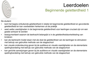 Leerdoelen
Beginnende geletterdheid 1
De student:
• kent het begrip ontluikende geletterdheid in relatie tot beginnende geletterdheid en gevorderde
geletterdheid en kan voorbeelden herkennen uit de praktijk
• weet welke vaardigheden in de beginnende geletterdheid voor leerlingen cruciaal zijn om een
goede schrijver te worden
• beargumenteert waarom de leerkracht belangrijk is in de geletterdheidsontwikkeling van
kinderen
• kan als leerkracht model staan met als doel de geletterdheid van de leerlingen te stimuleren
met behulp van gebruikte methode van de stageschool
• kan visuele ondersteuning geven bij de auditieve en visuele vaardigheden en de elementaire
spellinghandeling met behulp van gebruikte methode van de stageschool
• kan gerichte aanwijzingen geven bij de auditieve en visuele vaardigheden en de elementaire
spellinghandeling met behulp van gebruikte methode van de stageschool
 