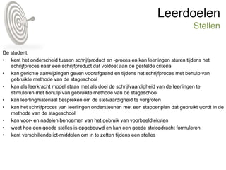 Leerdoelen
Stellen
De student:
• kent het onderscheid tussen schrijfproduct en -proces en kan leerlingen sturen tijdens het
schrijfproces naar een schrijfproduct dat voldoet aan de gestelde criteria
• kan gerichte aanwijzingen geven voorafgaand en tijdens het schrijfproces met behulp van
gebruikte methode van de stageschool
• kan als leerkracht model staan met als doel de schrijfvaardigheid van de leerlingen te
stimuleren met behulp van gebruikte methode van de stageschool
• kan leerlingmateriaal bespreken om de stelvaardigheid te vergroten
• kan het schrijfproces van leerlingen ondersteunen met een stappenplan dat gebruikt wordt in de
methode van de stageschool
• kan voor- en nadelen benoemen van het gebruik van voorbeeldteksten
• weet hoe een goede stelles is opgebouwd en kan een goede stelopdracht formuleren
• kent verschillende ict-middelen om in te zetten tijdens een stelles
 