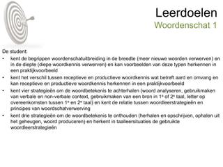 Leerdoelen
Woordenschat 1
De student:
• kent de begrippen woordenschatuitbreiding in de breedte (meer nieuwe woorden verwerven) en
in de diepte (diepe woordkennis verwerven) en kan voorbeelden van deze typen herkennen in
een praktijkvoorbeeld
• kent het verschil tussen receptieve en productieve woordkennis wat betreft aard en omvang en
kan receptieve en productieve woordkennis herkennen in een praktijkvoorbeeld
• kent vier strategieën om de woordbetekenis te achterhalen (woord analyseren, gebruikmaken
van verbale en non-verbale context, gebruikmaken van een bron in 1e of 2e taal, letter op
overeenkomsten tussen 1e en 2e taal) en kent de relatie tussen woordleerstrategieën en
principes van woordschatverwerving
• kent drie strategieën om de woordbetekenis te onthouden (herhalen en opschrijven, ophalen uit
het geheugen, woord produceren) en herkent in taalleersituaties de gebruikte
woordleerstrategieën
 