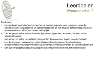 Leerdoelen
Woordenschat 2
De student:
• kent de begrippen ‘label’ en ‘concept’ en de relatie tussen die twee begrippen, weet dat
woordbetekenis is opgebouwd uit betekenisaspecten en kan cruciale betekenisaspecten van
woorden onderscheiden van minder belangrijke
• kan aangeven welke betekenisrelaties (synoniem, hyponiem, antoniem, context) tussen
woorden bestaan
• kan aangeven welke vormrelaties (rijmwoorden, homoniemen) tussen woorden bestaan
• ken de begrippen vaktaalwoord, schooltaalwoord en signaalwoord en kan bij een
taalgebruikssituatie aangeven wat vaktaalwoorden, schooltaalwoorden en signaalwoorden zijn
• kan bij een taalgebruikssituatie aangeven wat inhoudswoorden en functiewoorden zijn
 