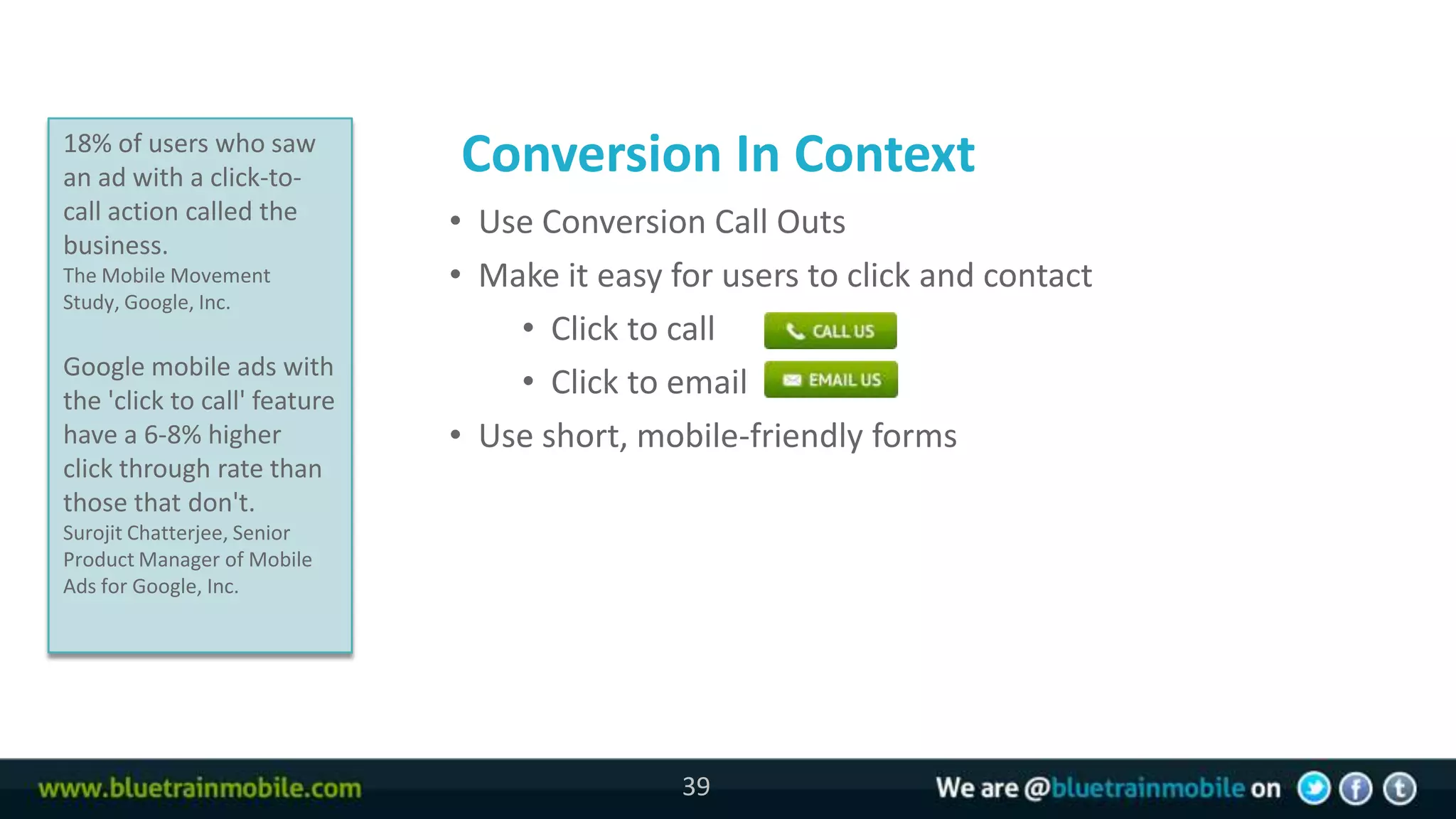 18% of users who saw
an ad with a click-to-
                              Conversion In Context
call action called the        • Use Conversion Call Outs
business.
The Mobile Movement           • Make it easy for users to click and contact
Study, Google, Inc.
                                  • Click to call
Google mobile ads with
the 'click to call' feature
                                  • Click to email
have a 6-8% higher            • Use short, mobile-friendly forms
click through rate than
those that don't.
Surojit Chatterjee, Senior
Product Manager of Mobile
Ads for Google, Inc.




                                              39
 