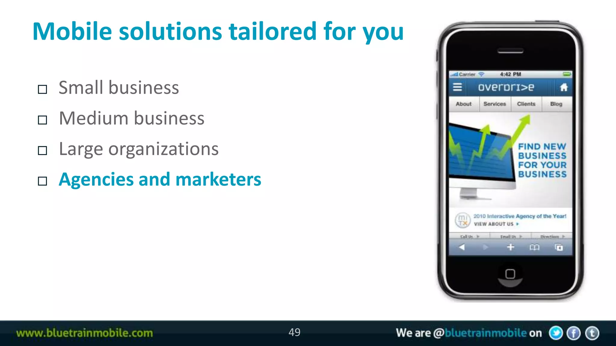 Mobile solutions tailored for you
   Small business
   Medium business
   Large organizations
   Agencies and marketers




                             49
 