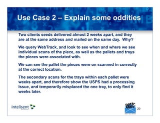 20
Use Case 2 – Explain some oddities
Two clients seeds delivered almost 2 weeks apart, and they
are at the same address and mailed on the same day. Why?
We query WebTrack, and look to see when and where we see
individual scans of the piece, as well as the pallets and trays
the pieces were associated with.
We can see the pallet the pieces were on scanned in correctly
at the correct location.
The secondary scans for the trays within each pallet were
weeks apart, and therefore show the USPS had a processing
issue, and temporarily misplaced the one tray, to only find it
weeks later.
 