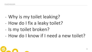 26
• Why is my toilet leaking?
• How do I fix a leaky toilet?
• Is my toilet broken?
• How do I know if I need a new toilet?
PLACEHOLDER
 