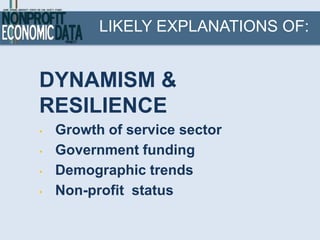 LIKELY EXPLANATIONS OF:


DYNAMISM &
RESILIENCE
•   Growth of service sector
•   Government funding
•   Demographic trends
•   Non-profit status
 
