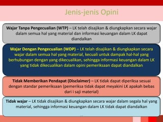 Jenis-jenis Opini
Wajar Tanpa Pengecualian (WTP) – LK telah disajikan & diungkapkan secara wajar
dalam semua hal yang material dan informasi keuangan dalam LK dapat
diandalkan
Wajar Dengan Pengecualian (WDP) – LK telah disajikan & diungkapkan secara
wajar dalam semua hal yang material, kecuali untuk dampak hal-hal yang
berhubungan dengan yang dikecualikan, sehingga informasi keuangan dalam LK
yang tidak dikecualikan dalam opini pemeriksaan dapat diandalkan
Tidak Memberikan Pendapat (Disclaimer) – LK tidak dapat diperiksa sesuai
dengan standar pemeriksaan (pemeriksa tidak dapat meyakini LK apakah bebas
dari i saji material)
Tidak wajar – LK tidak disajikan & diungkapkan secara wajar dalam segala hal yang
material, sehingga informasi keuangan dalam LK tidak dapat diandalkan
37
 