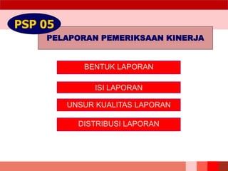 PELAPORAN PEMERIKSAAN KINERJA
PSP 05
BENTUK LAPORAN
ISI LAPORAN
UNSUR KUALITAS LAPORAN
DISTRIBUSI LAPORAN
 