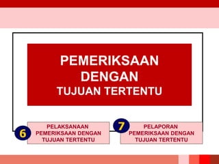 PEMERIKSAAN
DENGAN
TUJUAN TERTENTU
PELAKSANAAN
PEMERIKSAAN DENGAN
TUJUAN TERTENTU
PELAPORAN
PEMERIKSAAN DENGAN
TUJUAN TERTENTU
6
7
 
