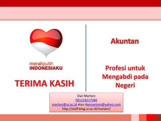 TERIMA KASIH
Profesi untuk
Mengabdi pada
Negeri
Dwi Martani
081318227080
martani@ui.ac.id atau dwimartani@yahoo.com
http://staff.blog.ui.ac.id/martani/
 