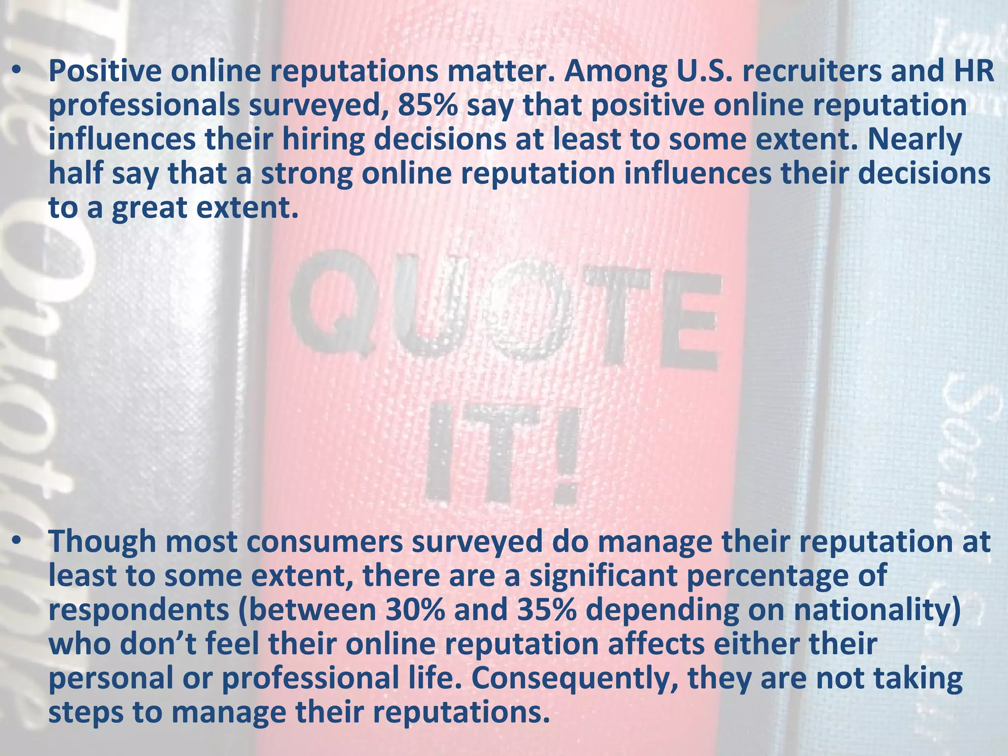 Positive online reputations matter. Among U.S. recruiters and HR professionals surveyed, 85% say that positive online reputation influences their hiring decisions at least to some extent. Nearly half say that a strong online reputation influences their decisions to a great extent. Though most consumers surveyed do manage their reputation at least to some extent, there are a significant percentage of respondents (between 30% and 35% depending on nationality) who don’t feel their online reputation affects either their personal or professional life. Consequently, they are not taking steps to manage their reputations.  
