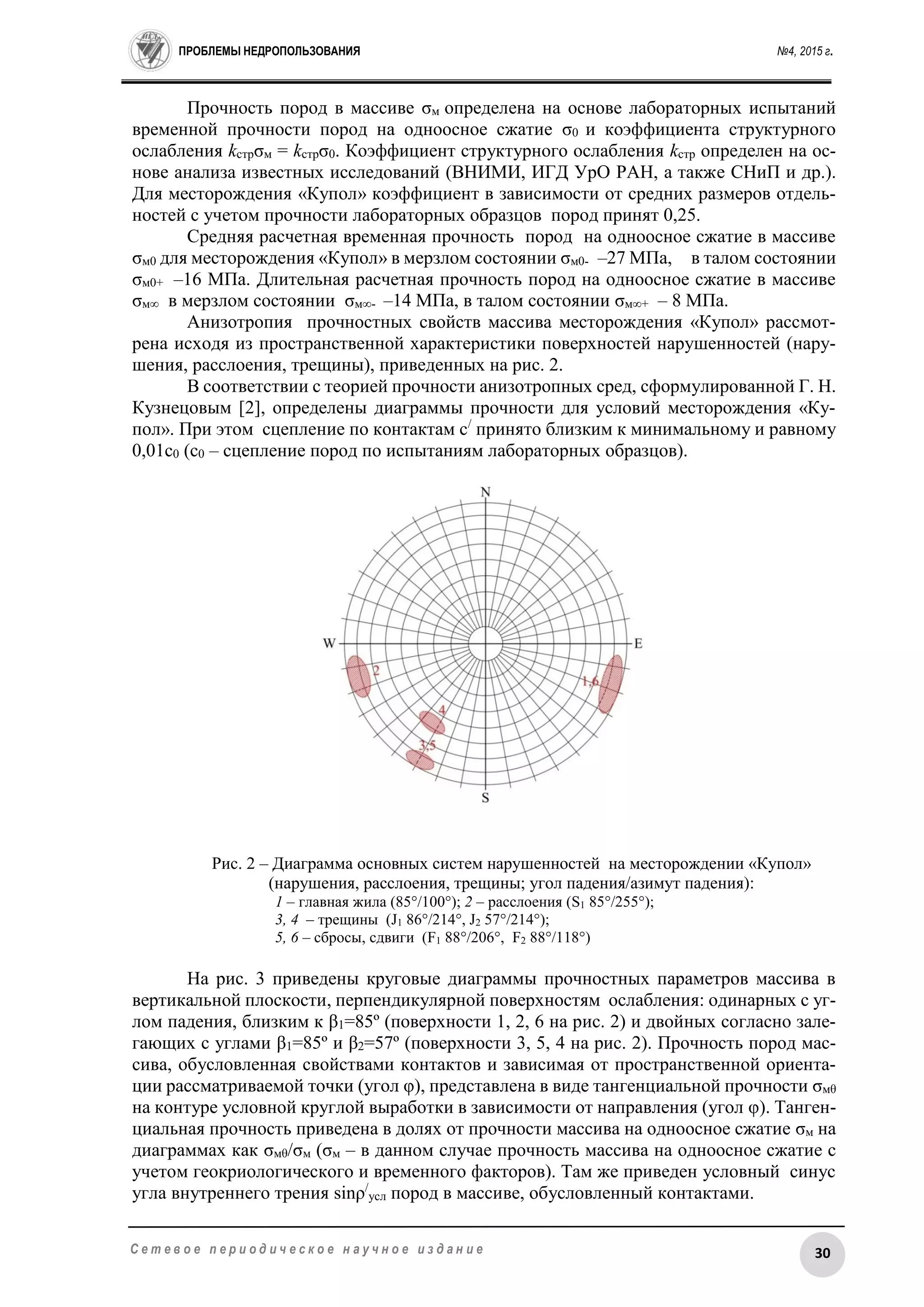 ПРОБЛЕМЫ НЕДРОПОЛЬЗОВАНИЯ №4, 2015 г.
30С е т е в о е п е р и о д и ч е с к о е н а у ч н о е и з д а н и е
Прочность пород в массиве σм определена на основе лабораторных испытаний
временной прочности пород на одноосное сжатие σ0 и коэффициента структурного
ослабления kстрσм = kстрσ0. Коэффициент структурного ослабления kстр определен на ос-
нове анализа известных исследований (ВНИМИ, ИГД УрО РАН, а также СНиП и др.).
Для месторождения «Купол» коэффициент в зависимости от средних размеров отдель-
ностей с учетом прочности лабораторных образцов пород принят 0,25.
Средняя расчетная временная прочность пород на одноосное сжатие в массиве
σм0 для месторождения «Купол» в мерзлом состоянии σм0- –27 МПа, в талом состоянии
σм0+ –16 МПа. Длительная расчетная прочность пород на одноосное сжатие в массиве
σм∞ в мерзлом состоянии σм∞- –14 МПа, в талом состоянии σм∞+ – 8 МПа.
Анизотропия прочностных свойств массива месторождения «Купол» рассмот-
рена исходя из пространственной характеристики поверхностей нарушенностей (нару-
шения, расслоения, трещины), приведенных на рис. 2.
В соответствии с теорией прочности анизотропных сред, сформулированной Г. Н.
Кузнецовым [2], определены диаграммы прочности для условий месторождения «Ку-
пол». При этом сцепление по контактам с/
принято близким к минимальному и равному
0,01с0 (с0 – сцепление пород по испытаниям лабораторных образцов).
Рис. 2 – Диаграмма основных систем нарушенностей на месторождении «Купол»
(нарушения, расслоения, трещины; угол падения/азимут падения):
1 – главная жила (85°/100°); 2 – расслоения (S1 85°/255°);
3, 4 – трещины (J1 86°/214°, J2 57°/214°);
5, 6 – сбросы, сдвиги (F1 88°/206°, F2 88°/118°)
На рис. 3 приведены круговые диаграммы прочностных параметров массива в
вертикальной плоскости, перпендикулярной поверхностям ослабления: одинарных с уг-
лом падения, близким к β1=85º (поверхности 1, 2, 6 на рис. 2) и двойных согласно зале-
гающих с углами β1=85º и β2=57º (поверхности 3, 5, 4 на рис. 2). Прочность пород мас-
сива, обусловленная свойствами контактов и зависимая от пространственной ориента-
ции рассматриваемой точки (угол φ), представлена в виде тангенциальной прочности σмθ
на контуре условной круглой выработки в зависимости от направления (угол φ). Танген-
циальная прочность приведена в долях от прочности массива на одноосное сжатие σм на
диаграммах как σмθ/σм (σм – в данном случае прочность массива на одноосное сжатие с
учетом геокриологического и временного факторов). Там же приведен условный синус
угла внутреннего трения sinρ/
усл пород в массиве, обусловленный контактами.
 