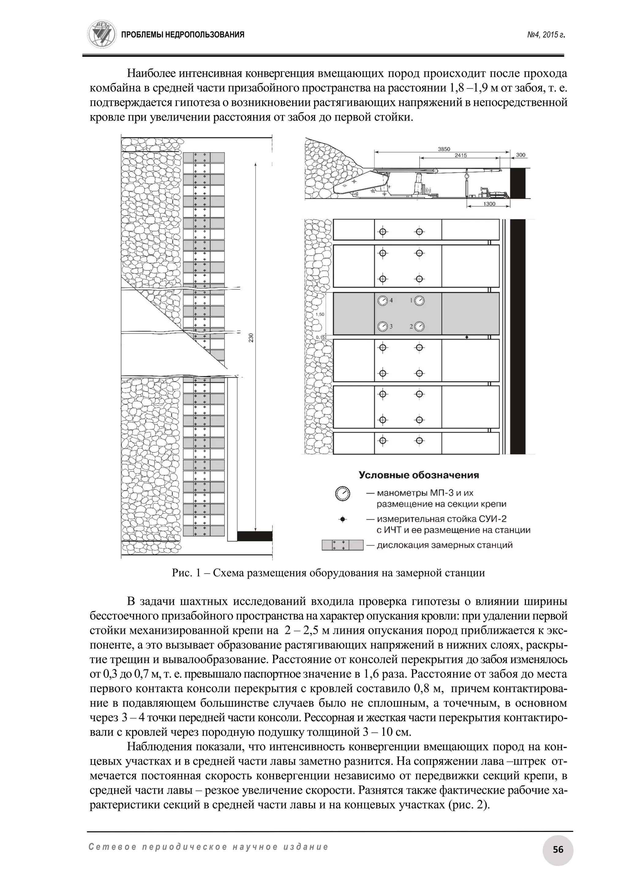 ПРОБЛЕМЫ НЕДРОПОЛЬЗОВАНИЯ №4, 2015 г.
56С е т е в о е п е р и о д и ч е с к о е н а у ч н о е и з д а н и е
Наиболее интенсивная конвергенция вмещающих пород происходит после прохода
комбайна в средней части призабойного пространства на расстоянии 1,8 –1,9 м от забоя, т. е.
подтверждается гипотеза о возникновении растягивающих напряжений в непосредственной
кровле при увеличении расстояния от забоя до первой стойки.
Рис. 1 – Схема размещения оборудования на замерной станции
В задачи шахтных исследований входила проверка гипотезы о влиянии ширины
бесстоечного призабойного пространстванахарактер опусканиякровли: при удалении первой
стойки механизированной крепи на 2 – 2,5 м линия опускания пород приближается к экс-
поненте, а это вызывает образование растягивающих напряжений в нижних слоях, раскры-
тие трещин и вывалообразование. Расстояние от консолей перекрытия до забоя изменялось
от 0,3 до 0,7 м, т. е. превышало паспортное значение в 1,6 раза. Расстояние от забоя до места
первого контакта консоли перекрытия с кровлей составило 0,8 м, причем контактирова-
ние в подавляющем большинстве случаев было не сплошным, а точечным, в основном
через 3 – 4 точки передней части консоли. Рессорная и жесткая части перекрытия контактиро-
вали с кровлей через породную подушку толщиной 3 – 10 см.
Наблюдения показали, что интенсивность конвергенции вмещающих пород на кон-
цевых участках и в средней части лавы заметно разнится. На сопряжении лава –штрек от-
мечается постоянная скорость конвергенции независимо от передвижки секций крепи, в
средней части лавы – резкое увеличение скорости. Разнятся также фактические рабочие ха-
рактеристики секций в средней части лавы и на концевых участках (рис. 2).
 