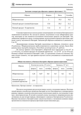 ПРОБЛЕМЫ НЕДРОПОЛЬЗОВАНИЯ №2, 2016 г.
121С е т е в о е п е р и о д и ч е с к о е н а у ч н о е и з д а н и е
Таблица 1
Значения температуры образцов в процессе флотации (+ о
C)
Образец Февраль Июль Сентябрь
Оборотная вода 3 19,3 19,2
Пенный продукт основной флотации 13,8 20,2 21,2
Пенный продукт II перечистки 11,6 21 17
Сами флотореагенты в используемых концентрациях источником бактериального
загрязнения не являются. Но, исходя из данных, полученных в ходе лабораторных опы-
тов, некоторые из них являются источником питательных веществ для бактерий. Так,
добавление аэрофлота в среду, в концентрации, используемой в процессе флотации, при-
водит к росту численности бактерий. Значения рН образцов изменяются в диапазоне от
8 до 10.
Доминирующие штаммы бактерий, выделенные из образцов, относятся к роду
Pseudomonas. Микроскопические грибы встречаются в единичных случаях. Были обна-
ружены виды Aspergillus fumigatus, Penicillium aurantiogriseum и P. glabrum.
По методу прямого счета бактерий в оборотной воде определено от 0,4·107
до
1,3·107
кл/мл, а в пенном продукте II основной перечистки – от 2,9·107
до 3,6·107
кл/мл.
Разница в общей численности бактерий (табл. 2) в различные сезоны не отмечена. Од-
нако следует помнить, что при прямом подсчете клеток учитываются и нежизнеспособ-
ные клетки.
Таблица 2
Общая численность и биомасса бактерий в образцах процесса флотации
Образец
Количество клеток, 107
кл/мл Биомасса, 10-3
мг/г
февраль июль сентябрь февраль июль сентябрь
Оборотная вода 1,26 0,67 0,4 0,5 0,2 0,2
Пенный продукт 2
основной перечистки
2,93 - 3,6 1,2 - 1,5
Примечание. Прочерк означает – не определяли.
Исходя из полученных результатов можно сделать следующие выводы. Флотаци-
онный процесс способствует развитию бактерий за счет благоприятного температурного
режима, аэрации и наличия дополнительных питательных веществ, поступающих в про-
цесс с флотореагентами. В летний и осенний сезоны численность микроорганизмов уве-
личивалась на два-четыре порядка. Доминируют в процессе бактерии рода Pseudomonas.
Высокая численность бактерий может свидетельствовать о возможном влиянии микро-
организмов на показатели процесса флотации медно-никелевых руд.
 
