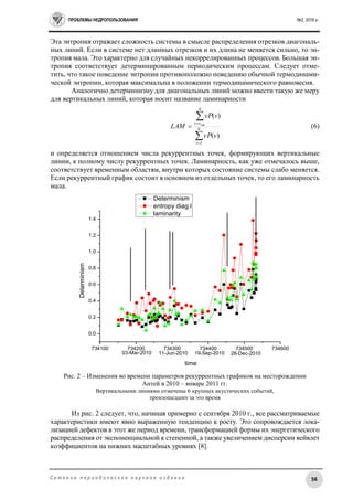 ПРОБЛЕМЫ НЕДРОПОЛЬЗОВАНИЯ №2, 2016 г.
56С е т е в о е п е р и о д и ч е с к о е н а у ч н о е и з д а н и е
Эта энтропия отражает сложность системы в смысле распределения отрезков диагональ-
ных линий. Если в системе нет длинных отрезков и их длина не меняется сильно, то эн-
тропия мала. Это характерно для случайных некоррелированных процессов. Большая эн-
тропия соответствует детерминированным периодическим процессам. Следует отме-
тить, что такое поведение энтропии противоположно поведению обычной термодинами-
ческой энтропии, которая максимальна в положении термодинамического равновесия.
Аналогично детерминизму для диагональных линий можно ввести такую же меру
для вертикальных линий, которая носит название ламинарности




 N
v
N
vv
vvP
vvP
LAM
1
)(
)(
min
(6)
и определяется отношением числа рекуррентных точек, формирующих вертикальные
линии, к полному числу рекуррентных точек. Ламинарность, как уже отмечалось выше,
соответствует временным областям, внутри которых состояние системы слабо меняется.
Если рекуррентный график состоит в основном из отдельных точек, то его ламинарность
мала.
Рис. 2 – Изменения во времени параметров рекуррентных графиков на месторождении
Антей в 2010 – январе 2011 гг.
Вертикальными линиями отмечены 6 крупных акустических событий,
произошедших за это время
Из рис. 2 следует, что, начиная примерно с сентября 2010 г., все рассматриваемые
характеристики имеют явно выраженную тенденцию к росту. Это сопровождается лока-
лизацией дефектов в этот же период времени, трансформацией формы их энергетического
распределения от экспоненциальной к степенной, а также увеличением дисперсии вейвлет
коэффициентов на нижних масштабных уровнях [8].
734100 734200 734300 734400 734500 734600
0.0
0.2
0.4
0.6
0.8
1.0
1.2
1.4
Determinism
time
Determinism
entropy diag l
laminarity
03-Mar-2010 11-Jun-2010 19-Sep-2010 28-Dec-2010
 