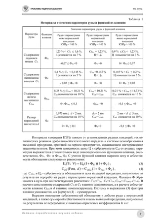ПРОБЛЕМЫ НЕДРОПОЛЬЗОВАНИЯ №2, 2016 г.
7С е т е в о е п е р и о д и ч е с к о е н а у ч н о е и з д а н и е
Интервалы изменения КЭПр зависят от установленных рудных кондиций, техно-
логических режимов дробильно-обогатительного передела и системы ценообразования
выходной продукции, принятой на горном предприятии, осваивающем месторождение
титаномагнетитов. При этом зависимость цены Ц и себестоимости Соб от рудных пара-
метров выражается в относительном виде знакопеременными функциями влияния, соот-
ветственно, ФTi, ФV и ФFем, Фd. С учетом функций влияния выразим цену и себестои-
мость обогащения следующими равенствами:
)Φ(1)Φ(1Ц)VTi(Ц VTi0 , ; (3)
)ΦΦ(1С)м,Fe(С MFеооб.об dd  , (4)
где Соб.о. и Цо – себестоимость обогащения и цена выходной продукции, полученные по
результатам переработки руды с параметрами нормальной кондиции. Функции  обра-
щаются в нуль при соответствующих равенствах: CTi=CTiо, CV=CVо, CFем= CFемо, d = dо. В
расчете цены влияние содержаний CTi и CV взаимно дополняющее, а в расчете себестои-
мости влияние CFем и d взаимно компенсирующее. Поэтому в выражении (3) факторы
влияния умножаются, а в формуле (4) – суммируются.
Выразим отношения себестоимостей обогащения и добычи руды с нормальной
кондицией, а также суммарной себестоимости и цены выходной продукции, полученные
по результатам ее переработки, с помощью отраслевых коэффициентов K и :
Таблица 1
Интервалы изменения параметров руды и функций их влияния
Параметры
руды
Функции
влияния
Значения параметров руды и функций влияния
Руда с параметрами
ниже нормальной
кондиции
КЭПр < 100 %
Руда с параметрами
нормальной
кондиции
КЭПр = 100 %
Руда с параметрами
выше нормальной
кондиции
КЭПр > 100 %
Содержание
двуокиси
титана CTi
ФTi
1,23 % < CTi ≤ 1,6 %.
Ц снижается на 7 %
CTiо = 1,23 %,
Ц= Ц0
0,9 % ≤ CTi < 1,23 %.
Ц повышается на 7 %
-0,07 ≤ ФTi <0 ФTi =0 0< ФTi ≤ 0,07
Содержание
пентоксида
ванадия CV
ФV
0,1 % ≤ CV < 0,145 % .
Ц снижается на 5 %
CVо =0,145 %
Ц= Ц0
0,145 % < CV ≤ 0,2 %.
Ц повышается на 5 %
- 0,05 ≤ ФV <0 ФV =0 0< ФV ≤ 0,05
Содержание
железа
магнитного
CFем
ФFем
8,25 % ≤ CFем < 10,21 %.
Соб повышается на 10 %
CFео = 10,21 %
Соб= Соб0
10,21 % < CFем ≤ 11,73 %.
Соб снижается на 10 %
0< ФFем ≤ 0,1 ФFем =0 - 0,1 ≤ ФFем <0
Размер
вкраплений
магнетита d
Фd
0,075 мм ≤ d < 2 мм.
Соб повышается на 10 %
d0 = 2 мм
Соб= Соб0
2 мм < d ≤ 5 мм.
Соб снижается на 10 %
0< Фd ≤ 0,1 Фd =0 - 0,1 ≤ Фd <0
 