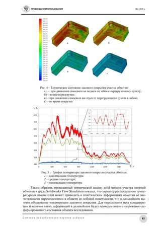 ПРОБЛЕМЫ НЕДРОПОЛЬЗОВАНИЯ №2, 2016 г.
82С е т е в о е п е р и о д и ч е с к о е н а у ч н о е и з д а н и е
Рис. 4 – Термическое состояние лакового покрытия участка обмотки:
а) – при движении самосвала на подъем от забоя к перегрузочному пункту;
б) – во время разгрузки;
в) – при движении самосвала на спуск от перегрузочного пункта к забою;
г) – во время погрузки
Рис. 5 – График температуры лакового покрытия участка обмотки:
1 – максимальная температура;
2 – средняя температура;
3 – минимальная температура
Таким образом, проведенный термический анализ solid-модели участка якорной
обмотки в среде Solidworks Flow Simulation показал, что характер распределения темпе-
ратурных показателей может приводить к пластическим деформациям обмотки со зна-
чительными перемещениями в области ее лобовой поверхности, что в дальнейшем вы-
зовет образование микротрещин лакового покрытия. Для определения мест концентра-
ции и величин таких деформаций в дальнейшем будет проведен анализ напряженно-де-
формированного состояния объекта исследования.
 