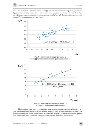 ПРОБЛЕМЫ НЕДРОПОЛЬЗОВАНИЯ №2, 2016 г.
96С е т е в о е п е р и о д и ч е с к о е н а у ч н о е и з д а н и е
скорость движения автосамосвала и коэффициент использования грузоподъемности.
Средняя эксплуатационная скорость, в свою очередь, варьировалась от 8 до 18 км/ч, а
коэффициент использования грузоподъемности от 0,7 до 1,1. Зависимость температуры
шины (Тш) представлена на рис. 4 и 5.
Рис. 4 – Зависимость температуры шины Тш
от коэффициента использования грузоподъемности γгр
Рис. 5 – Зависимость температуры шины Тш
от скорости движения автосамосвала Vсэ
Полученные зависимости позволяют определить рациональный коэффициент ис-
пользования грузоподъемности, что, в свою очередь, даст возможность использовать ка-
рьерные самосвалы более эффективно, т. е. снизить затраты на их эксплуатацию, увели-
чить ходимость шин и снизить себестоимость добычи полезных ископаемых.
60
70
80
90
100
110
120
0,4 0,5 0,6 0,7 0,8 0,9 1 1,1 1,2 1,3 1,4
Тш,°С
γ,гр
Тш = -11,324γгр
2 + 55,225γгр + 55,027
60
70
80
90
100
110
120
130
5 10 15 20 25 30 35 40
Тш,°С
Vсэ, км/ч
Тш = -0,0066Vсэ2 + 1,5565Vсэ + 71,186
R² = 0,9635
 