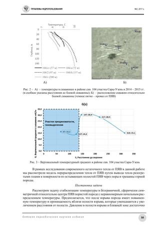 ПРОБЛЕМЫ НЕДРОПОЛЬЗОВАНИЯ №2, 2017 г.
50С е т е в о е п е р и о д и ч е с к о е н а у ч н о е и з д а н и е
А) Б)
Рис. 2 – А) – температуры в скважинах в районе скв. 104 участка Сары-Узень в 2014 – 2015 гг.
(в скобках указаны расстояния до боевой скважины); Б) – расположение скважин относительно
боевой скважины (темное пятно – провал от ПЯВ)
Рис. 3 – Вертикальный температурный градиент в районе скв. 104 участка Сары-Узень
В рамках исследования современного остаточного тепла от ПЯВ в данной работе
мы рассмотрели модель перераспределения тепла от ПЯВ путем вывода тепла разогре-
тыми газами к поверхности из остывающих полостей ПЯВ через поры и трещины горной
породы.
Постановка задачи
Рассмотрим задачу стабилизации температуры в безграничной, сферически сим-
метричной относительно центра ПЯВ пористой породе с неравномерным начальным рас-
пределением температуры. Предполагается, что после взрыва порода имеет повышен-
ную температуру и проницаемость вблизи полости взрыва, которые уменьшаются с уве-
личением расстояния от полости. Давление в полости взрыва и ближней зоне достаточно
0
20
40
60
80
100
120
140
7
8
9
10
Глубина,м
Температура, С
104/ст (57 м) 104/а (72 м)
104/2 (97 м) 104/б (137 м)
104/г (200 м)
 