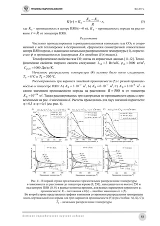 ПРОБЛЕМЫ НЕДРОПОЛЬЗОВАНИЯ №2, 2017 г.
52С е т е в о е п е р и о д и ч е с к о е н а у ч н о е и з д а н и е
,)( 0
0 r
R
KK
KrK R


 (5)
где 0K – проницаемость в центре ПЯВ (r =0 м), R
K – проницаемость породы на рассто-
янии Rr  от эпицентра ПЯВ.
Результаты
Численно промоделированы термогравитационная конвекция газа СО2 и сопря-
женный с ней теплоперенос в безграничной, сферически симметричной относительно
центра ПЯВ породе, с заданными начальным распределением температуры (4), пористо-
стью  и проницаемостью (однородная K и линейная )(rK модель).
Теплофизические свойства газа СО2 взяты из справочных данных [11,12]. Тепло-
физические свойства твердого скелета следующие: 3sk Вт/м/К, 3000sk кг/м3
,
1000, skpC Дж/кг/К.
Начальное распределение температуры (4) условно было взято следующим:
8T о
С и 350hT о
С.
Рассматривалось три варианта линейной проницаемости (5) с разной проницае-
мостью в эпицентре ПЯВ: А) 7
0 102 
K м2
, Б) 7
0 106 
K м2
, С) 6
0 101 
K м2
– и
одним значением проницаемости породы на расстоянии 500R м от эпицентра
14
10
RK м2
. Также рассматривались три однородные по проницаемости среды с при-
веденными на рис. 4 значениями K. Расчеты проводились для двух значений пористости:
3,0 и 4,0 (см. рис. 4).
Рис. 4 – В первой строке представлено горизонтальное распределение температуры
в зависимости от расстояния до эпицентра взрыва{0, 250}, находящегося на высоте 250 м
над центром ПЯВ {0, 0} в разные моменты времени, для разных параметров пористости φ,
проницаемости: К – постоянная и К(r) – линейно зависящая от r (5).
Во второй строке представлены графики изменения со временем распределения температуры
вдоль вертикальной оси взрыва для трех вариантов проницаемости (5) (три столбца: А), Б), С)).
0T – начальное распределение температуры
 