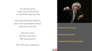 Control the Process.
Control the Result.
Control the Risks and Costs.
You do this once,
‘pros’ do it all the time
- so level the playing field.
Focus professional advisors;
don’t over-pay/distract them;
save time and cost.
Pick your time.
Pick your partners.
Pick your ground.
The ‘dark arts’ explained.
 