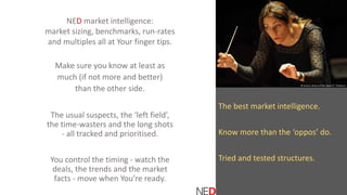 Intequitas
The best market intelligence.
Know more than the ‘oppos’ do.
Tried and tested structures.
NED market intelligence:
market sizing, benchmarks, run-rates
and multiples all at Your finger tips.
Make sure you know at least as
much (if not more and better)
than the other side.
The usual suspects, the ‘left field’,
the time-wasters and the long shots
- all tracked and prioritised.
You control the timing - watch the
deals, the trends and the market
facts - move when You’re ready.
 