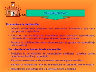 SUGERENCIAS
En cuanto a la motivación:
• Ofrecer comentarios positivos con frecuencia, intentando que sean
apropiados y específicos.
• Procurar una variedad de actividades para promover aprendizajes,
utilizando diversos métodos para demostrar competencias.
• Permitir la colaboración entre alumnos (por ej. grupos de aprendizaje
colaborativos)
En relación a las instancias de evaluación:
• Posibiltar la acreditación de aprendizajes mediante pruebas orales
cuando sea factible y apropiado.
• Elaborar instrumentos de evaluación con consignas sencillas.
• Reducir la información que no sea esencial al contenido que se evalúa.
• Redactar las consignas con un lenguaje claro y sencillo.
 
