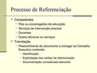 Processo de Referenciação
 Competentes
    Pais ou encarregados de educação
    Serviços de intervenção precoce
    Docentes
    Outros técnicos ou serviços

 Tramitação
      Preenchimento de documento a entregar ao Conselho
       Executivo contendo:
         Identificação

         Explicitação das razões da referenciação

         Documentação considerada relevante
 