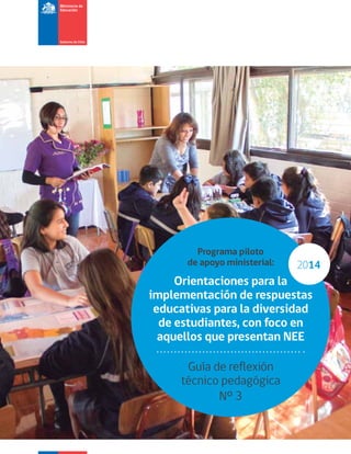 Programa piloto
de apoyo ministerial:
Guía de reflexión
técnico pedagógica
Nº 3
Orientaciones para la
implementación de respuestas
educativas para la diversidad
de estudiantes, con foco en
aquellos que presentan NEE
2014
 
