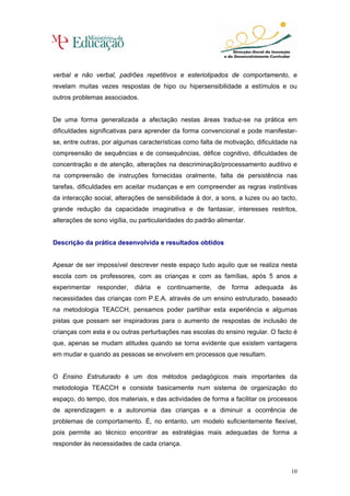 verbal e não verbal, padrões repetitivos e esteriotipados de comportamento, e
revelam muitas vezes respostas de hipo ou hipersensibilidade a estímulos e ou
outros problemas associados.


De uma forma generalizada a afectação nestas áreas traduz-se na prática em
dificuldades significativas para aprender da forma convencional e pode manifestar-
se, entre outras, por algumas características como falta de motivação, dificuldade na
compreensão de sequências e de consequências, défice cognitivo, dificuldades de
concentração e de atenção, alterações na descriminação/processamento auditivo e
na compreensão de instruções fornecidas oralmente, falta de persistência nas
tarefas, dificuldades em aceitar mudanças e em compreender as regras instintivas
da interacção social, alterações de sensibilidade à dor, a sons, a luzes ou ao tacto,
grande redução da capacidade imaginativa e de fantasiar, interesses restritos,
alterações de sono vigília, ou particularidades do padrão alimentar.


Descrição da prática desenvolvida e resultados obtidos


Apesar de ser impossível descrever neste espaço tudo aquilo que se realiza nesta
escola com os professores, com as crianças e com as famílias, após 5 anos a
experimentar   responder,   diária   e   continuamente,   de   forma   adequada   às
necessidades das crianças com P.E.A. através de um ensino estruturado, baseado
na metodologia TEACCH, pensamos poder partilhar esta experiência e algumas
pistas que possam ser inspiradoras para o aumento de respostas de inclusão de
crianças com esta e ou outras perturbações nas escolas do ensino regular. O facto é
que, apenas se mudam atitudes quando se torna evidente que existem vantagens
em mudar e quando as pessoas se envolvem em processos que resultam.


O Ensino Estruturado é um dos métodos pedagógicos mais importantes da
metodologia TEACCH e consiste basicamente num sistema de organização do
espaço, do tempo, dos materiais, e das actividades de forma a facilitar os processos
de aprendizagem e a autonomia das crianças e a diminuir a ocorrência de
problemas de comportamento. É, no entanto, um modelo suficientemente flexível,
pois permite ao técnico encontrar as estratégias mais adequadas de forma a
responder às necessidades de cada criança.



                                                                                  10
 