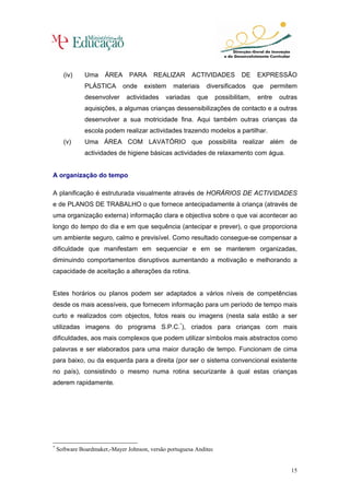 (iv)     Uma    ÁREA      PARA     REALIZAR        ACTIVIDADES         DE      EXPRESSÃO
               PLÁSTICA      onde     existem    materiais    diversificados        que   permitem
               desenvolver     actividades    variadas    que       possibilitam,    entre   outras
               aquisições, a algumas crianças dessensibilizações de contacto e a outras
               desenvolver a sua motricidade fina. Aqui também outras crianças da
               escola podem realizar actividades trazendo modelos a partilhar.
      (v)      Uma ÁREA COM LAVATÓRIO que possibilita realizar além de
               actividades de higiene básicas actividades de relaxamento com água.


A organização do tempo

A planificação é estruturada visualmente através de HORÁRIOS DE ACTIVIDADES
e de PLANOS DE TRABALHO o que fornece antecipadamente à criança (através de
uma organização externa) informação clara e objectiva sobre o que vai acontecer ao
longo do tempo do dia e em que sequência (antecipar e prever), o que proporciona
um ambiente seguro, calmo e previsível. Como resultado consegue-se compensar a
dificuldade que manifestam em sequenciar e em se manterem organizadas,
diminuindo comportamentos disruptivos aumentando a motivação e melhorando a
capacidade de aceitação a alterações da rotina.


Estes horários ou planos podem ser adaptados a vários níveis de competências
desde os mais acessíveis, que fornecem informação para um período de tempo mais
curto e realizados com objectos, fotos reais ou imagens (nesta sala estão a ser
utilizadas imagens do programa S.P.C.*), criados para crianças com mais
dificuldades, aos mais complexos que podem utilizar símbolos mais abstractos como
palavras e ser elaborados para uma maior duração de tempo. Funcionam de cima
para baixo, ou da esquerda para a direita (por ser o sistema convencional existente
no país), consistindo o mesmo numa rotina securizante à qual estas crianças
aderem rapidamente.




*
    Software Boardmaker,-Mayer Johnson, versão portuguesa Anditec


                                                                                                 15
 