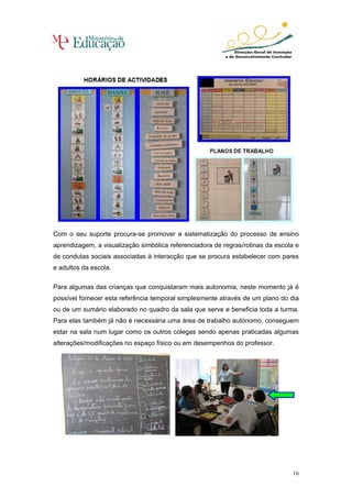 Com o seu suporte procura-se promover a sistematização do processo de ensino
aprendizagem, a visualização simbólica referenciadora de regras/rotinas da escola e
de condutas sociais associadas à interacção que se procura estabelecer com pares
e adultos da escola.

Para algumas das crianças que conquistaram mais autonomia, neste momento já é
possível fornecer esta referência temporal simplesmente através de um plano do dia
ou de um sumário elaborado no quadro da sala que serve e beneficia toda a turma.
Para elas também já não é necessária uma área de trabalho autónomo, conseguem
estar na sala num lugar como os outros colegas sendo apenas praticadas algumas
alterações/modificações no espaço físico ou em desempenhos do professor.




                                                                                 16
 