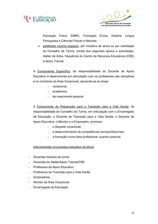 Educação    Física,    EMRC,    Formação    Cívica,   História,   Língua
           Portuguesa e Ciências Físicas e Naturais.
       •   partilhada noutros espaços, por iniciativa da aluna ou por orientação
           do Conselho de Turma, consta dos seguintes apoios e actividades:
           Atelier de Artes, frequência do Centro de Recursos Educativos (CRE)
           e Apoio Tutorial.


    A Componente Específica, da responsabilidade do Docente de Apoio
    Educativo é desenvolvida em articulação com os professores das disciplinas
    e os monitores da Área Vocacional, apoiando-se as áreas:
              -   vocacional;
              -   académica,
              -   de crescimento pessoal.


    A Componente de Preparação para a Transição para a Vida Adulta, da
    responsabilidade do Conselho de Turma, em articulação com o Encarregado
    de Educação, o Docente de Transição para a Vida Adulta, o Docente de
    Apoio Educativo, o Monitor e o Empresário, promove:
              -   o despiste vocacional;
              -   o desenvolvimento de competências socioprofissionais;
              -   a formação numa área profissional, quando possível.


    Intervenientes no processo educativo da aluna:


-   Docentes titulares da turma
-   Docentes do Atelier/Apoio Tutorial/CRE
-   Professora de Apoio Educativo
-   Professora de Transição para a Vida Adulta
-   Empresários
-   Monitor da Área Vocacional
-   Encarregado de Educação




                                                                                 28
 