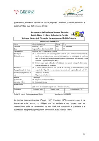 por exemplo, numa das sessões de Educação para a Cidadania, como foi planificada e
desenvolvida a aula de Formação Cívica:


                              Agrupamento de Escolas da Serra da Gardunha
                              Escola Básica 2, 3 Serra da Gardunha- Fundão
              Unidade de Apoio à Educação de Alunos com Multideficiência
                                             PLANIFICAÇÃO SEMANAL
Alunos                          Alunos UAM e turma                    Turma       7º A
Disciplina                     Formação Cívica                        Prof.       Drª. Margarete
Data:                           Segunda-Feira- 8 de Maio de 2006      Hora:       12h
Tema/assunto                    Educação para a Cidadania – A Enchente
Estratégias                         A sessão inicia-se com a o diálogo sobre um texto que é simultaneamente distribuído,
Globais da turma                    que fornece uma panorâmica sobre como se organizam as leis do país, da escola, de
                                    casa etc. É dada uma situação de teste sobre um acontecimento: uma enchente e cada
                                    aluno tem 3 opções de resposta: A;B;C.
                                    Dividem-se por opção A;B ou C e no final é dada uma reflexão pelos profs. Sobre cada
                                    uma das respostas. Ver em anexo.
Metodologia                         A Teresa participa utilizando, com a ajuda de um colega, o digitalizador de voz, com
Para participação do aluno.         resposta B; o Miguel do mesmo modo com a resposta A; A resposta C é dada pela DT:

Gravação no digitalizador de        Teresa: voz da Marisa
voz                                 Miguel: voz do Guilherme
Material                        Computador
(Ferramentas,                       Programa: escrita com símbolos
Utensílios, TIC...)                 Digitalizador de voz
Avaliação final
                                (feita no fim da sessão em conjunto com a Directora de Turma.)
Professores                      Professor UAM              Professor UAM                        Professoras de F.C.


Profs: Mª Leonor Rodrigues/ Angela Ribeiro                           Ano Lectivo 2005-2006



As teorias desenvolvimentais (Piaget, 1967; Vygotsky 1978) assumem que é na
interacção entre alunos, no diálogo que se estabelece nos grupos, que se
desenvolvem skills de pensamento de alto nível, que aumentam a qualidade e a
quantidade da aprendizagem (Brown & Palincsar, 1989; Patrício 1997).




                                                                                                                       86
 