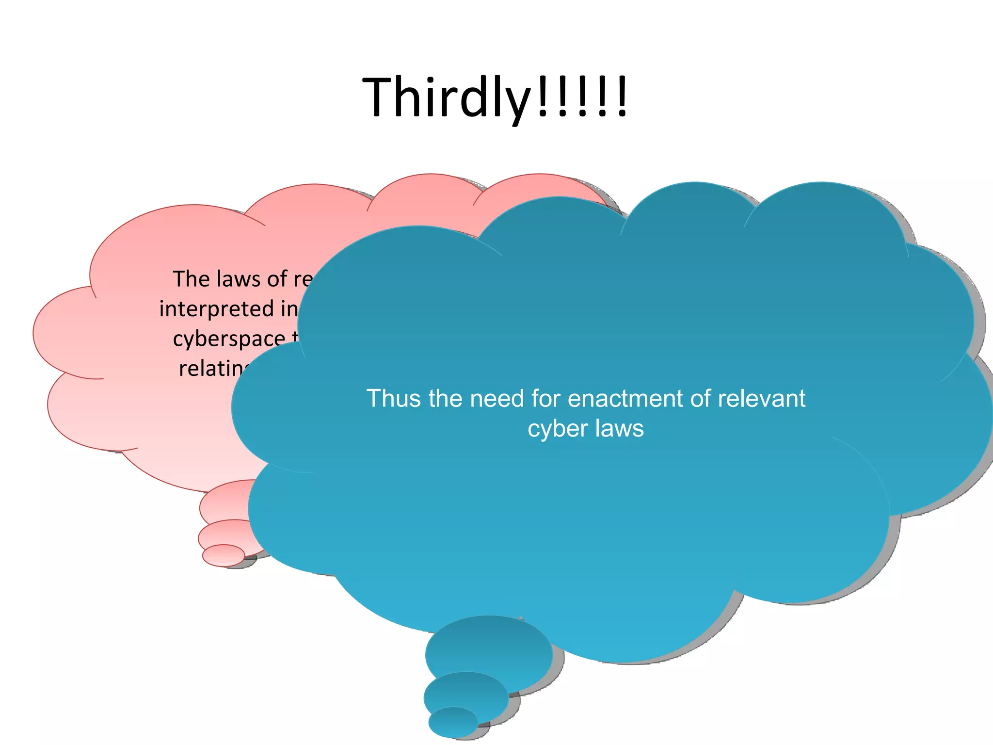 Thirdly!!!!! The laws of real world cannot be interpreted in the light of emerging cyberspace to include all aspects relating to different activities in cyberspace  Thus the need for enactment of relevant cyber laws 