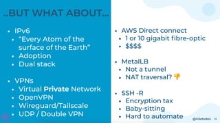 @inletsdev 12
..BUT WHAT ABOUT…
• IPv6
• “Every Atom of the
surface of the Earth”
• Adoption
• Dual stack
• VPNs
• Virtual...